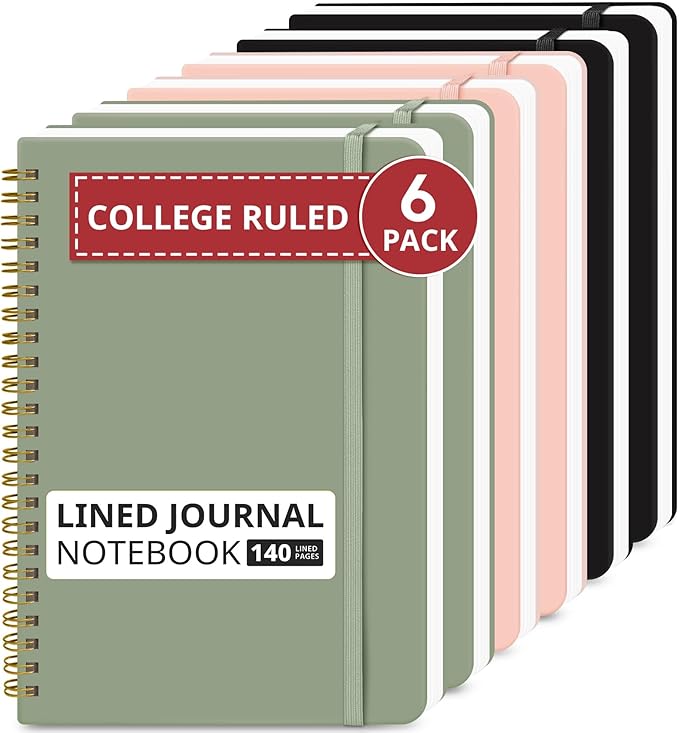 Taja Lined Spiral Journal Notebook for Work, 6 Pack, 140 Pages, College Ruled Hardcover Notebook Journal for Women, 6 Pcs, Journals for Writing, A5(6"x8") - Multi-DeskLoop Office