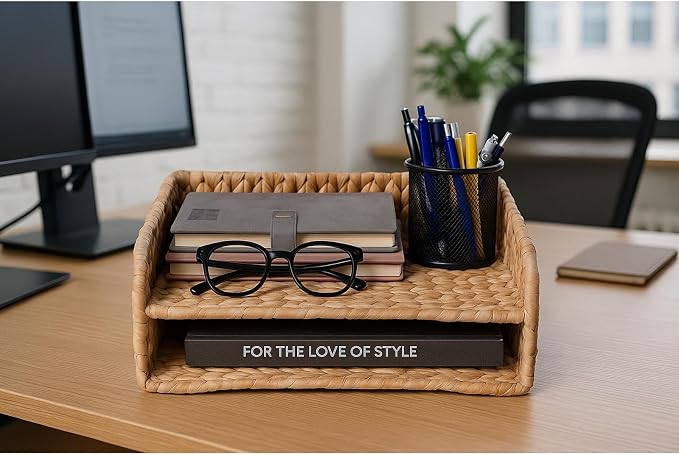 PINXIURY 2-Tier Water Hyacinth Letter Tray – Woven Paper & Mail Organizer - Image 4