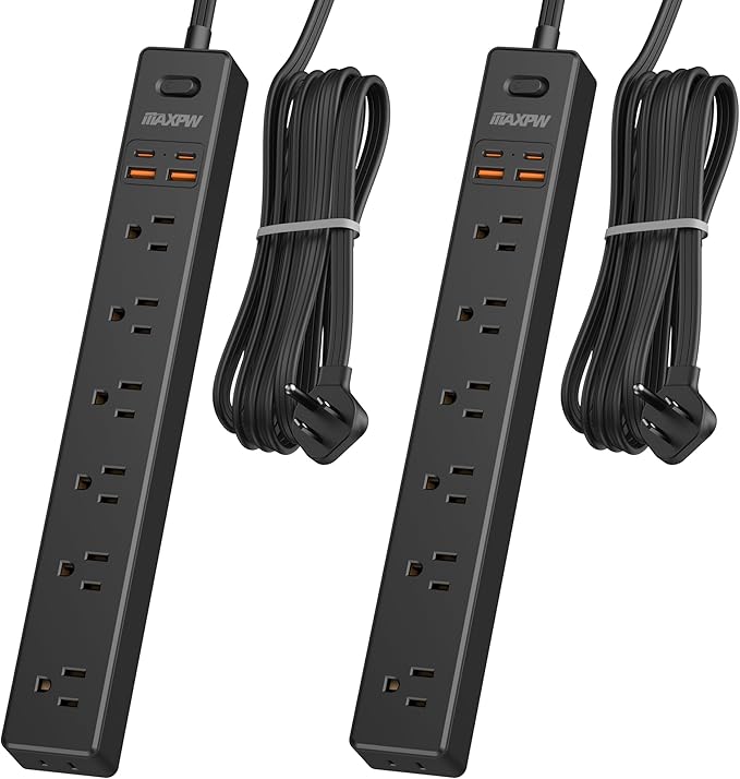 2 Pack Power Strip Surge Protector - 7 Outlets 4 USB Ports (2 USB C), Maxpw 10 Ft Ultra Thin Flat Plug Extension Cord, 1875W/15A, 1700 Joules, Wall Mount for Home Office Dorm, Black-DeskLoop Office