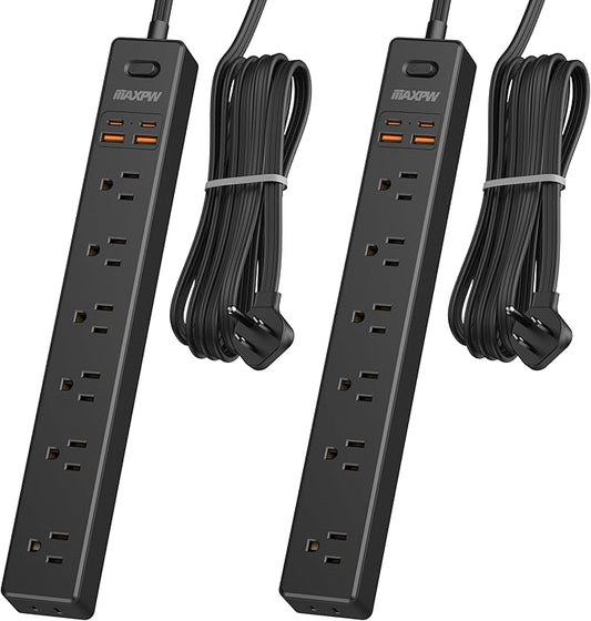 2 Pack Power Strip Surge Protector - 7 Outlets 4 USB Ports (2 USB C), Maxpw 10 Ft Ultra Thin Flat Plug Extension Cord, 1875W/15A, 1700 Joules, Wall Mount for Home Office Dorm, Black-DeskLoop Office