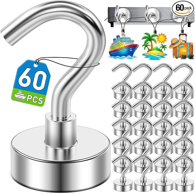 60 Pack Magnetic Hooks for 2026 Cruise Cabins Beach Vacation 30lbs+ Heavy Duty by MUKFIRM