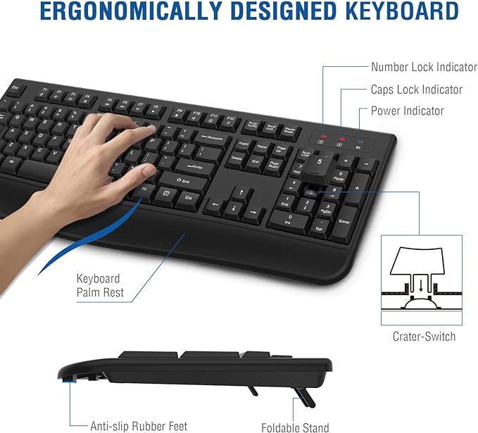 EDJO Wireless Keyboard, 2.4G Ergonomic Full Size Wireless Computer Keyboard with Wrist Rest for Windows, Mac OS Desktop/Laptop/PC（Black）-DeskLoop Office