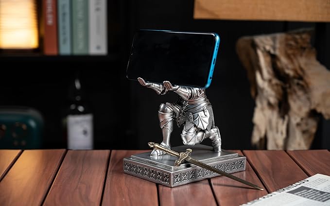 Medieval Armored Warrior Knight Pen Holder Desk Organizers and Accessories Resin Pencil Holder Paperweight as Gift with a Cool Letter Opener for Desk (Silver)-DeskLoop Office