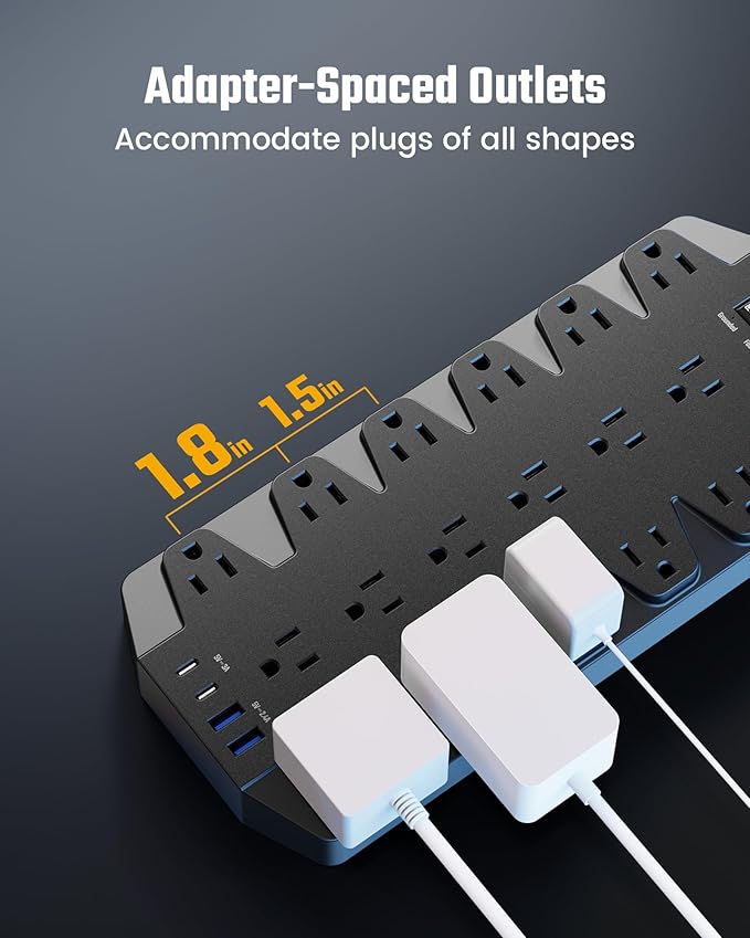 18 Widely Outlets Power Strip, SUPERDANNY Surge Protector with 4 USB Ports, 15FT Flat Plug Heavy Duty Extension Cord, 2100J, 1875W/15A, Wall Mount Holes for Home, Office, Dorm, Black-DeskLoop Office