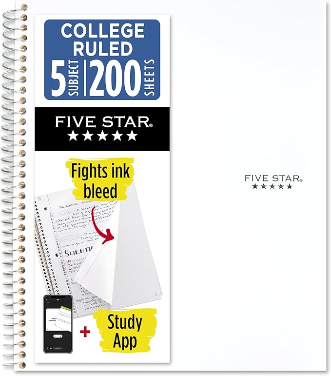 Five Star Spiral Notebook + Study App, 5 Subject, College Ruled Paper, 8-1/2" x by FiveStar