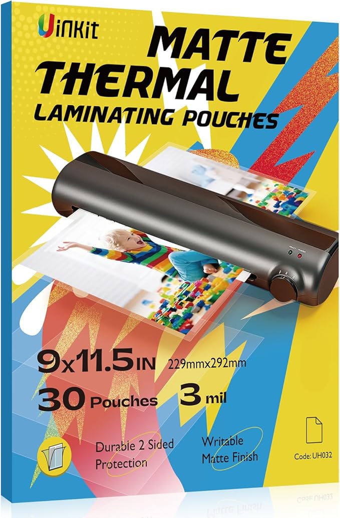 Uinkit Matte Thermal Laminating Sheets, 9 x 11.5 Inches 3 Mil Clear Anti-Glare with Matte Finish 30 Pack Fitted for Letter Size Laminating Pouches 8.5 x 11 inches-DeskLoop Office