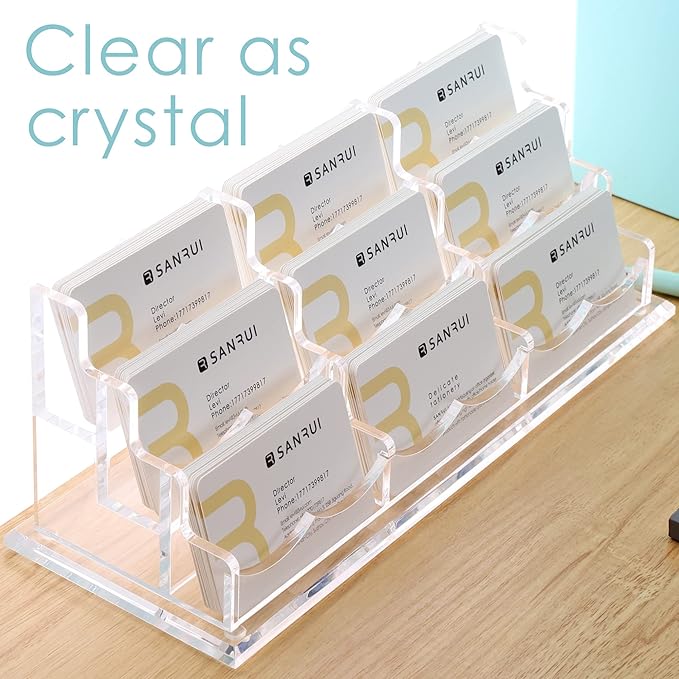 SANRUI Clear Horizontal Business Card Holder Stand for Desk, Acrylic Desktop Display Name Cards Holders Organizer Storage Rack,for Exhibition, Home , Office ,3 Tier 9 Pocket , 540 Card Capacity-DeskLoop Office