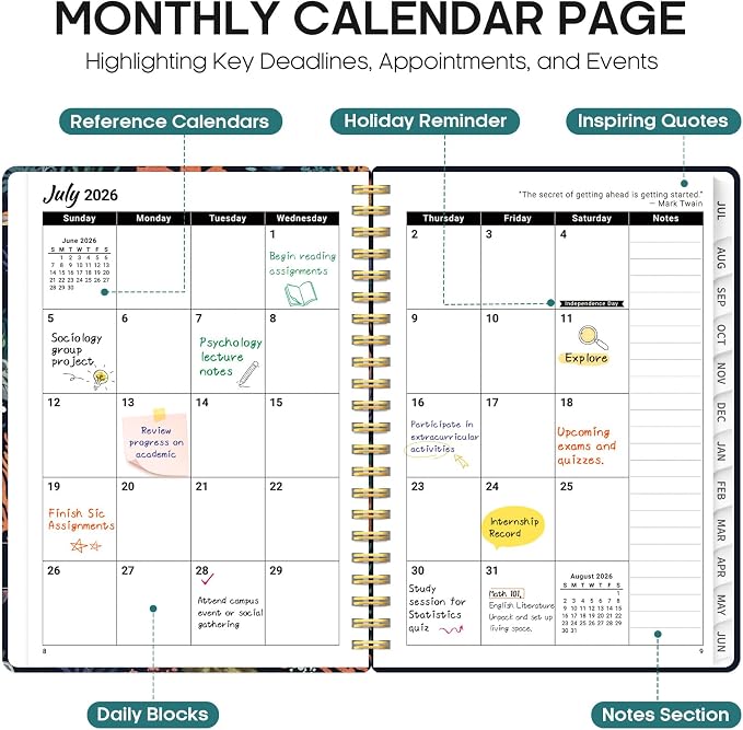 Planner 2026–2027, Academic Monthly Weekly Spiral Calendar, July 2026 – June - Image 2