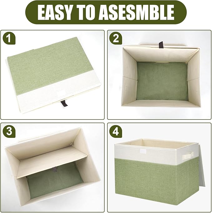 Large 17" 42 Quarts Collapsible Stackable Storage Bins with Lids [3-Pack] Foldable Fabric Linen Storage Boxes Cube, Closet Organizer Baskets with Label for Home (16.7 x 12 x 12", Green & White)-DeskLoop Office