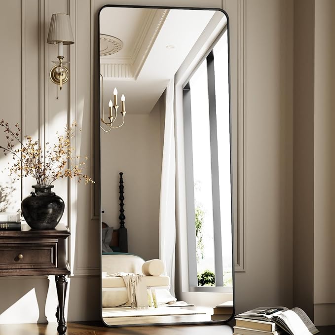 HARRITPURE 66x23 inch Rounded Full Length Mirror Aluminum Frame Mirror Full Length Floor Mirror with Stand for Living Room Bedroom Cloakroom,Black-DeskLoop Office