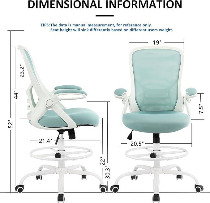HYLONE Drafting Chair Tiffany Blue, Tall Office Chair Standing Desk Stool with Adjustable Height, Foot Ring, Flip-Up Arms, Mesh High-Back Office Chair, White-DeskLoop Office