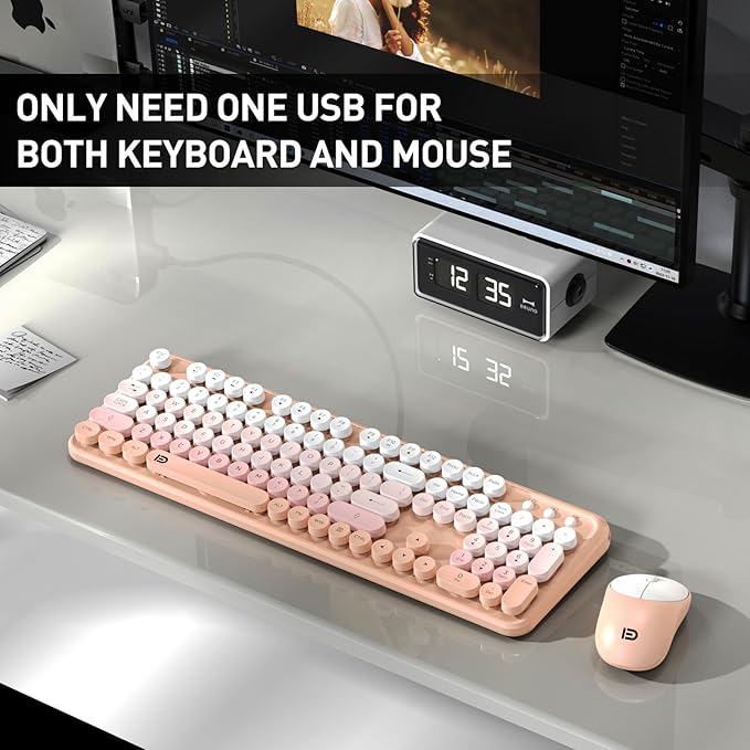 Wireless Keyboard and Mouse Combo, 105 Round Keys Full-Size Cute Colorful Pink Cordless Keyboard and Mouse with Retro Typewriter for PC/Mac/Laptop/Tablet/Computer/Windows Pink-DeskLoop Office