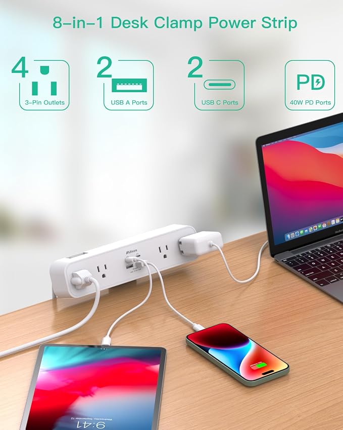 PD40W Desk Clamp Power Strip, Desktop Mount Surge Protector, Fast Charging - Image 2