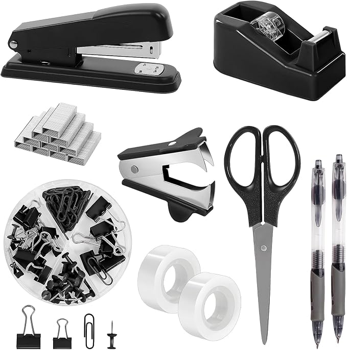 SKYDUE Black Office Supplies Set, Tape Dispenser, Binder/Paper Clips and by SKYDUE