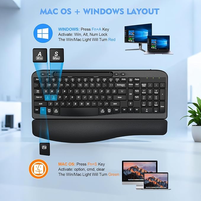 EAYBLLY 2.4G Wireless Ergonomic Keyboard, Full Size Wave Keys - Image 7