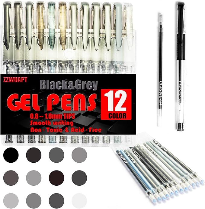 Grey Gel Pens for Coloring Book,36 Color Gel Pens Set including 12 Color Gel Pen with 24 Refills,40% More Ink Colored Gel Pens for Drawing, Doodling, Scrapbook, Journaling-DeskLoop Office
