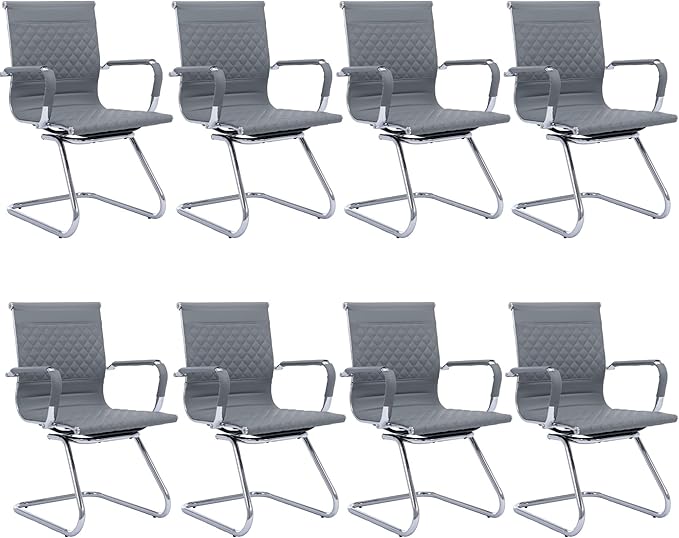Office Guest Chairs - Set of 8 Mid Back, Modern PU Leather Desk Chairs for Reception & Conference Rooms, Grey-DeskLoop Office