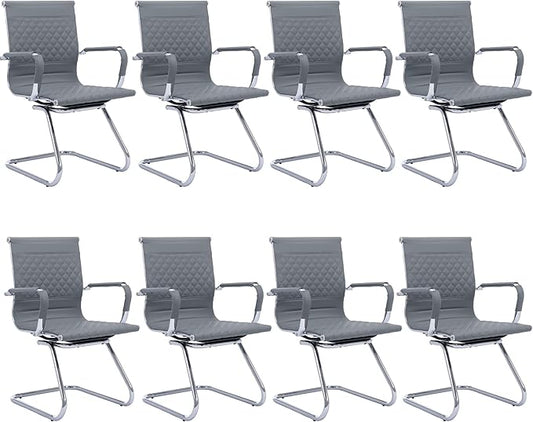 Office Guest Chairs - Set of 8 Mid Back, Modern PU Leather Desk Chairs for Reception & Conference Rooms, Grey-DeskLoop Office