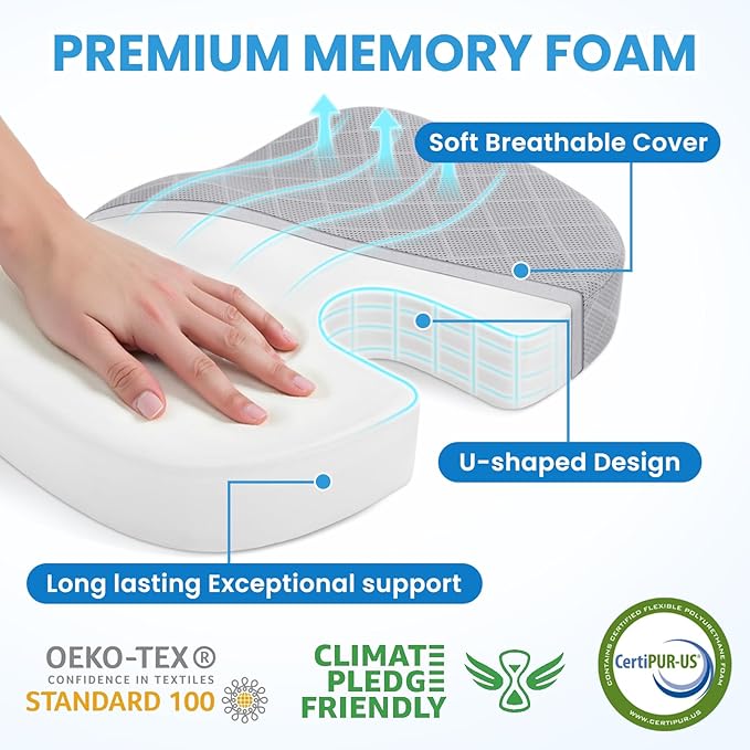 TushGuard Office/Car Seat Cushion, Non-Slip Sciatica & Back Coccyx Tailbone Pain Relief Chair Pad, Memory Foam Butt Pillow for Computer Desk, Wheelchair, Driving (Light Grey)-DeskLoop Office