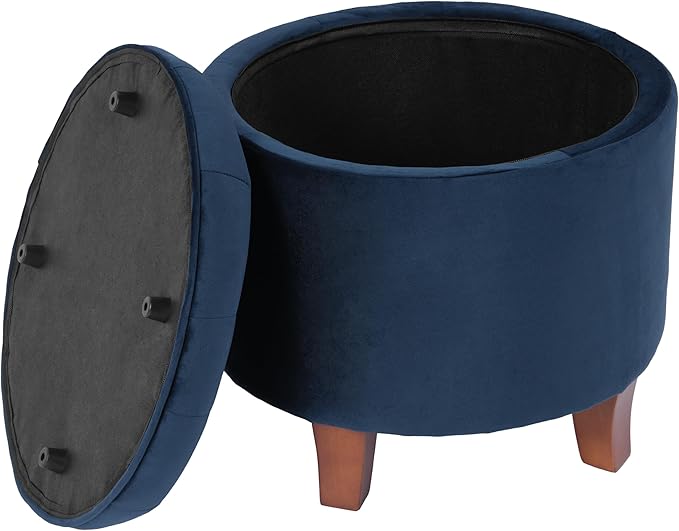 HomePop by Kinfine Fabric Upholstered Round Storage Ottoman - Velvet Button Tufted Ottoman with Removable Lid, Navy Blue-DeskLoop Office