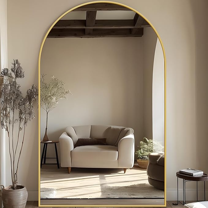 Full Length Mirror, 76"x44" Oversized Floor Mirror Freestanding, Full Body Mirror Floor Standing Mirrors with Stand, Hanging Mounted Mirrors for Bedroom Living Room, Gold, Arched Style-DeskLoop Office