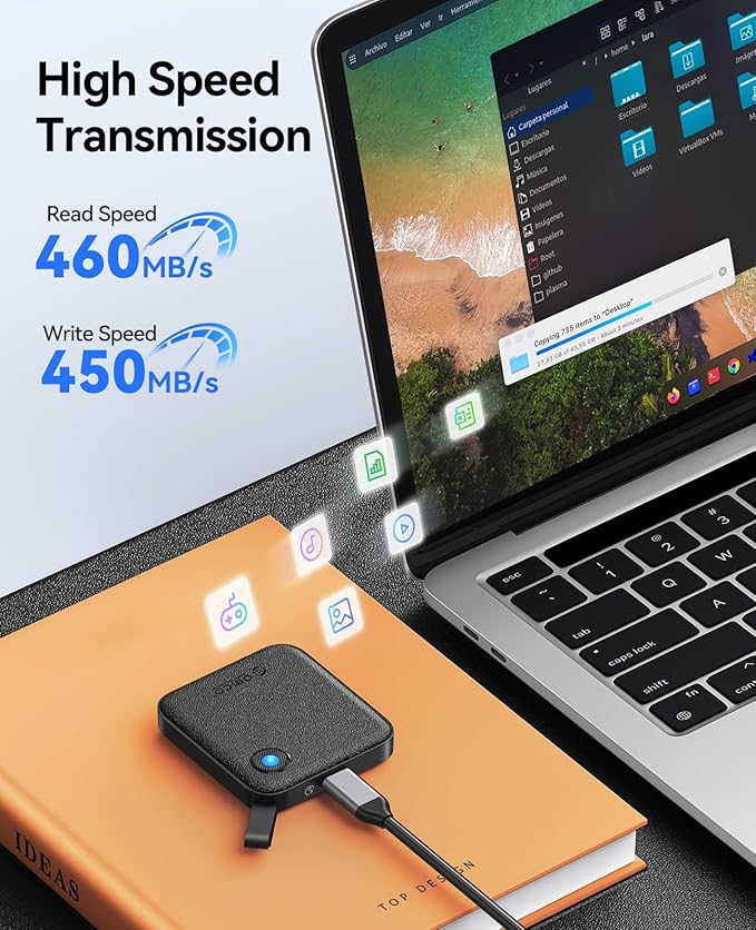 ORICO Portable SSD 1 TB with 2 in 1 USB C Cable, External Solid State Drives, Up to 460MB/s, Status Indicator, Reliable Storage for USB-C Smartphone, Tablet, PC - B5PLUS-DeskLoop Office