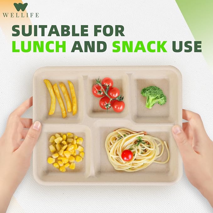 WELLIFE 125 Pack Kids Small 5-Compartment Paper Plates, 10.25x8.25 Inch 100% - Image 3