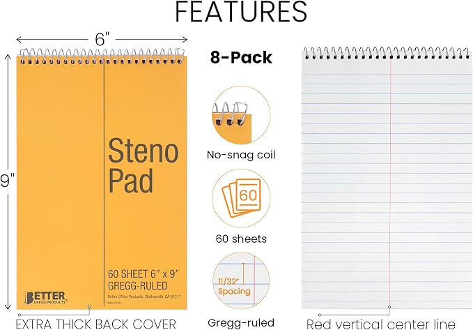 Better Office Products Spiral Steno Pads, 8 Pack, 6 x 9 inches, 60 Sheets - Image 2
