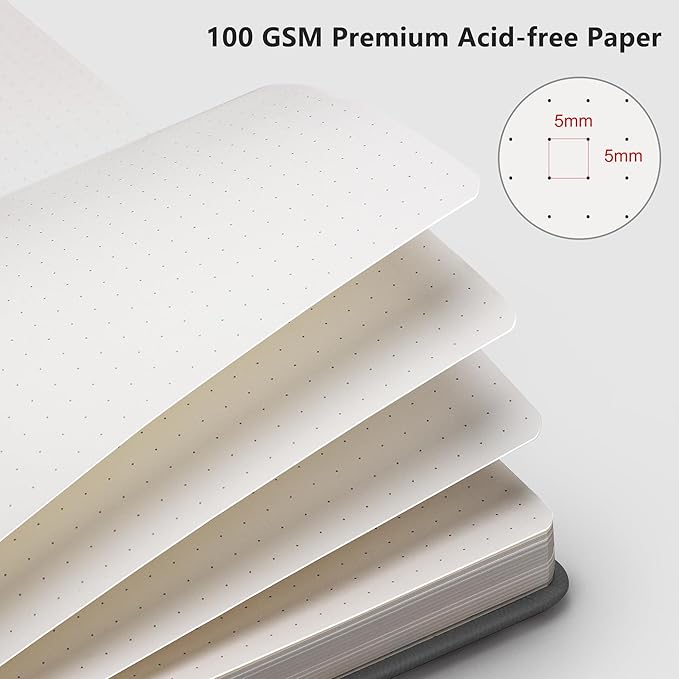 RETTACY Bullet Dotted Journal Notebook, 192 Pages, A5 Medium Size (5.7'' x 8.3''), Leather Hardcover, 100 GSM Thick Paper, for Bullet Journaling, Planning, Tracking (Gray)-DeskLoop Office