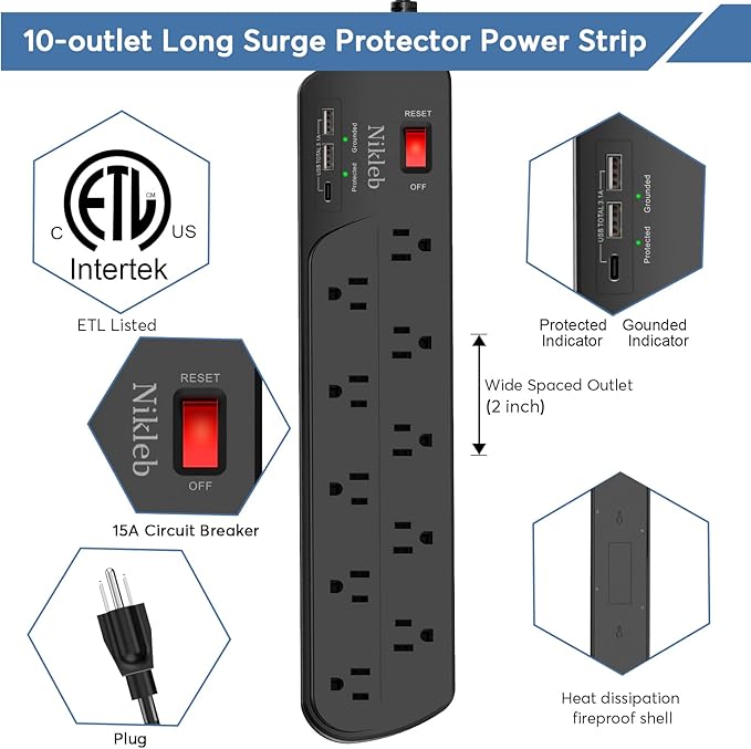 Extension Cord with Multiple Outlets, Surge Protector Power Strip with USB, 6ft Power Cord, 10 Wide Outlets, 2 USB+1 USB C Fast Charging Ports, Wall Mount, Heavy Duty, Home, Office Accessories-DeskLoop Office