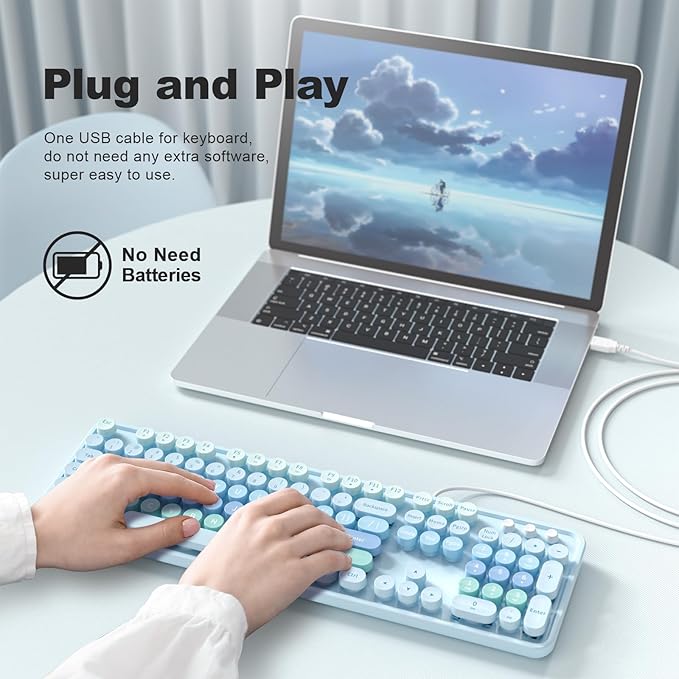 Large Print Wired USB Keyboard, 104 Keys Full Size Typewriter Keyboards, Plug and Play Office Computer Keyboard with Number Pad for Windows, PC, Laptop, Desktop (Blue Colorful)-DeskLoop Office