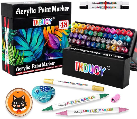 48 Colors Dual Tip Acrylic Paint Markers, Contain 12 Metallic Acrylic Paint Pens by IKDUCY