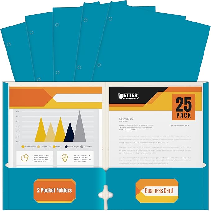 2 Pocket Portfolio Folders, 25 Pack, Trendy Cool Colors, Fits Letter Size Paper by BetterOfficeProducts