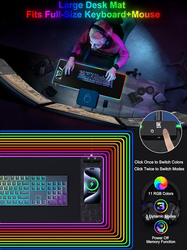 Mouse Pad with Wireless Charging, Large Desk Mat RGB Gaming Mousepad, 10 Light - Image 2