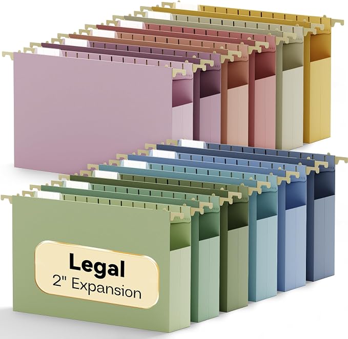 Legal Size Hanging File Folders Extra Capacity, 12 Pack Plastic 2" Expandable by NORDUN