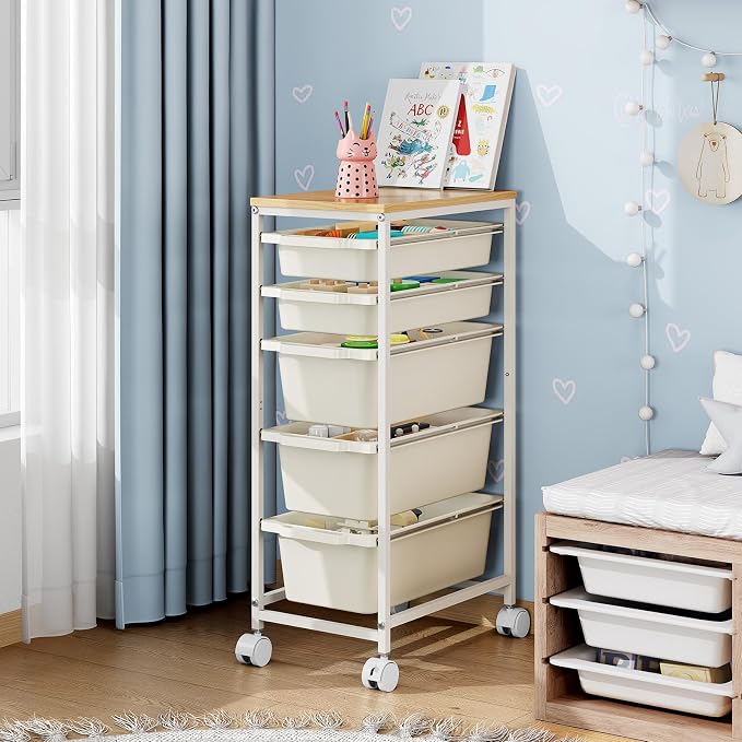 Slim Rolling Storage Cart with 5 Drawers, Craft Organizer, Wooden Tabletop - Image 7
