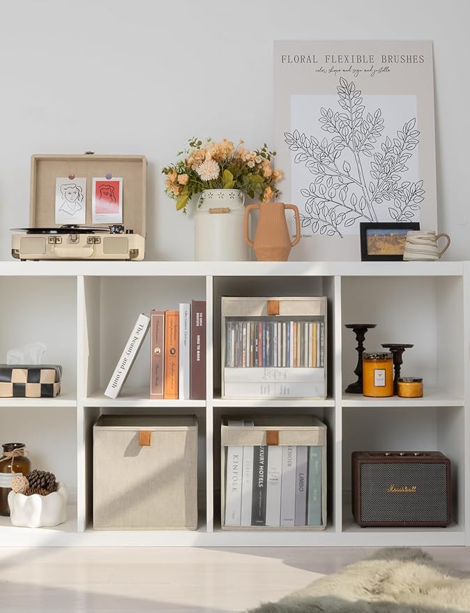 StorageWorks 11x11 Storage Cubes, Closet Storage Bins with Clear Window, Fabric Organizer for Clothes, Collapsible Storage Baskets with PU Handles, Brown and Beige, 3-Pack-DeskLoop Office