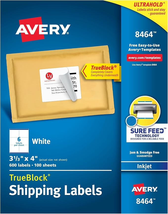 Avery Printable Shipping Labels, Sure Feed Technology, 3-1/3" x 4", 600 Blank by Avery