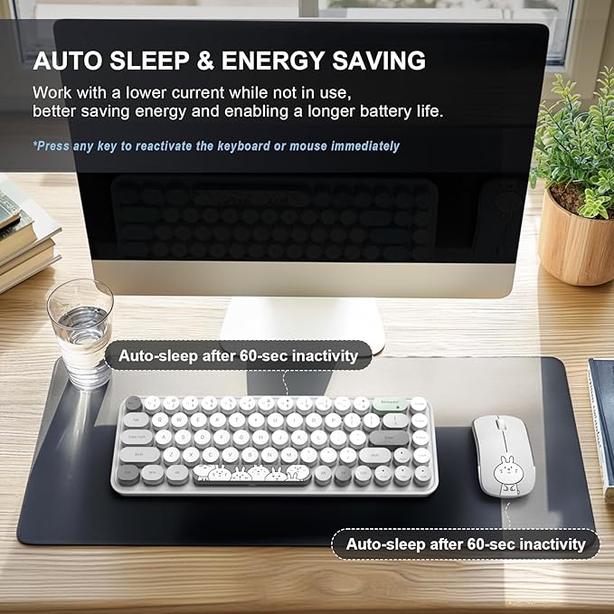 FOPETT Wireless Keyboard and Mouse Cute Mouse and Keyboard 2.4G Wireless Keyboards with Colorful 68 Keys Typewriter Retro Round Keycap for PC, Laptop,Tablet,Computer Windows - Grey Colorful-DeskLoop Office