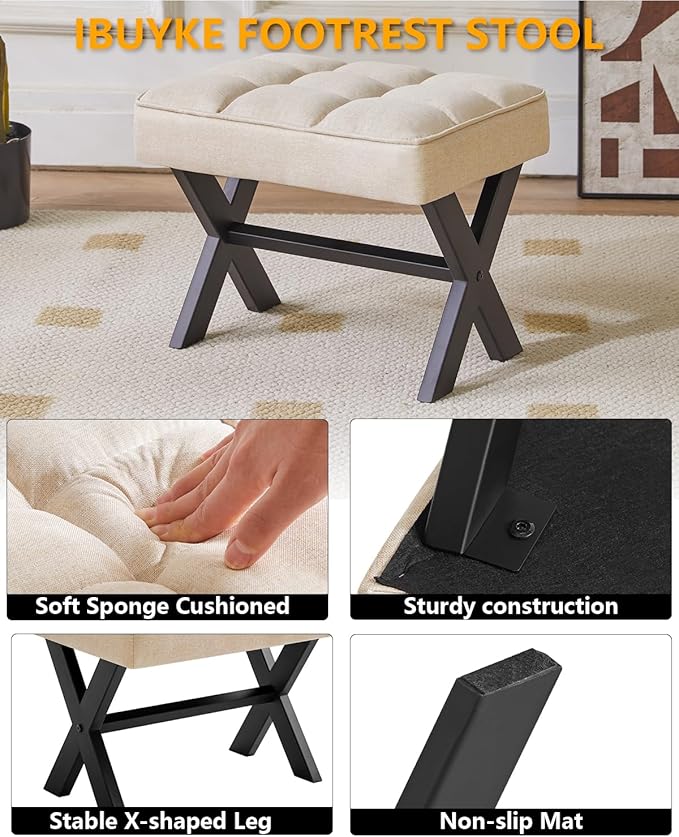 IBUYKE Small 12" H Footrest Stool, Square Linen Foot Stool with Metal X-Leg, Multi-Use as Small Side Table, Step Stool for Living Room, Bedroom, Entryway, Office, Linen WBD011Y-DeskLoop Office