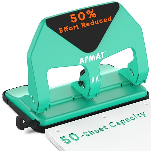 AFMAT Heavy Duty 3 Hole Punch, 50-Sheet Capacity, 50% Reduced Effort Three Hole by AFMAT