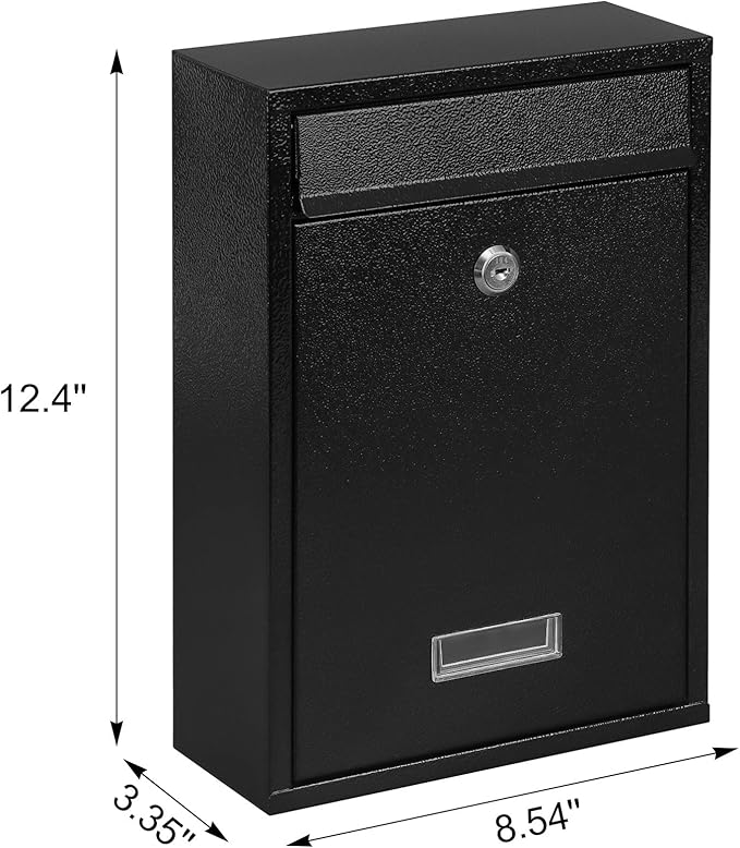 KYODOLED Key Lock MailBoxes for Outside, Locking Wall Mount Mailbox, Security Key Drop Box for Letters Newspapers, Cards, 12.4H x 8.54L x 3.35W Inches, Black-DeskLoop Office