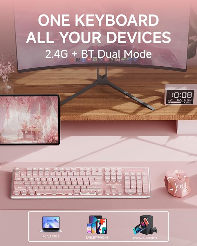V3 Wireless Keyboard and Mouse with Single Backlit, Metal Panel, Bluetooth/2.4G Rechargeable Computer Keyboard and Mouse Combo Silent Lighted Full Size Cute Keyboards-Pink-DeskLoop Office