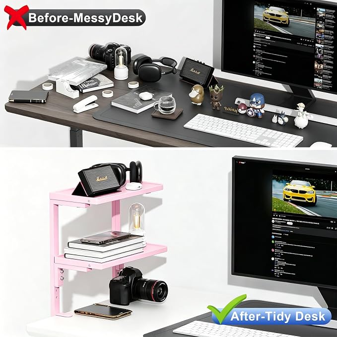 2-Tier Desk Shelf, Expandable Under Desk Storage, Clamp on Desk Shelf, Desktop - Image 3