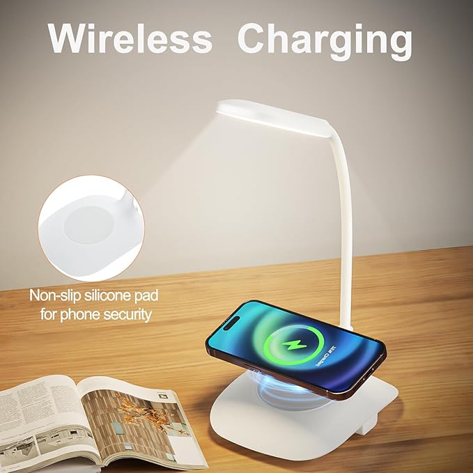 LED Desk Lamp Wireless Charging Desk Lamp with Touch Control Dimmable Office Desk Light Eye-Caring Office Lamp with Adjustable Gooseneck Table Lamp, Reading Lamp Table Lamp for Bedroom Bedside Study-DeskLoop Office