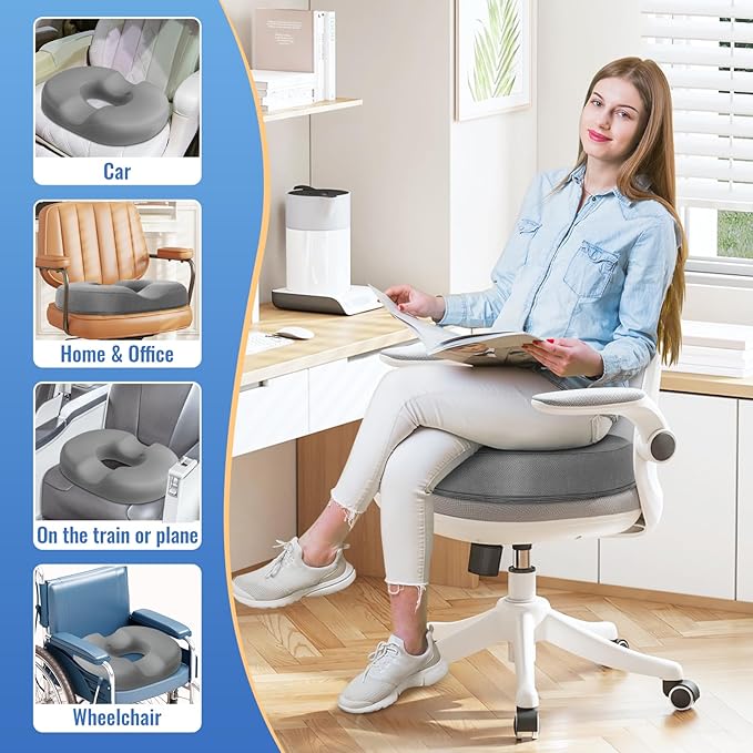 CloudBliss Donut Pillow Seat Cushion Chair Pad for Tailbone Pain Relief and Hemorrhoids, Memory Foam Seat Chair Cushion for Men and Women for Home & Office, (Light Grey)-DeskLoop Office