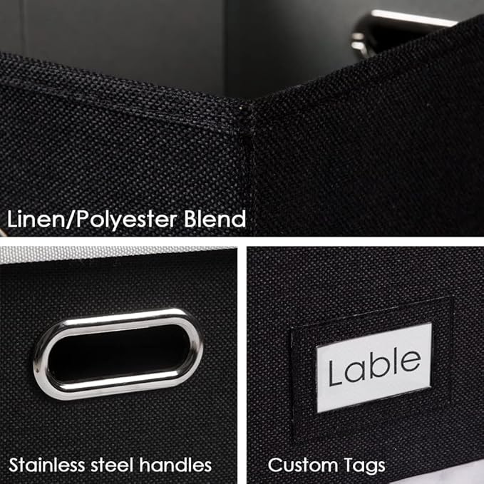 PRANDOM File Organizer Box - Set of 4 Collapsible Decorative Linen Filing Storage Hanging File Folders with Lids Office Cabinet Letter Size Black (15x12.2x10.75 inch)-DeskLoop Office