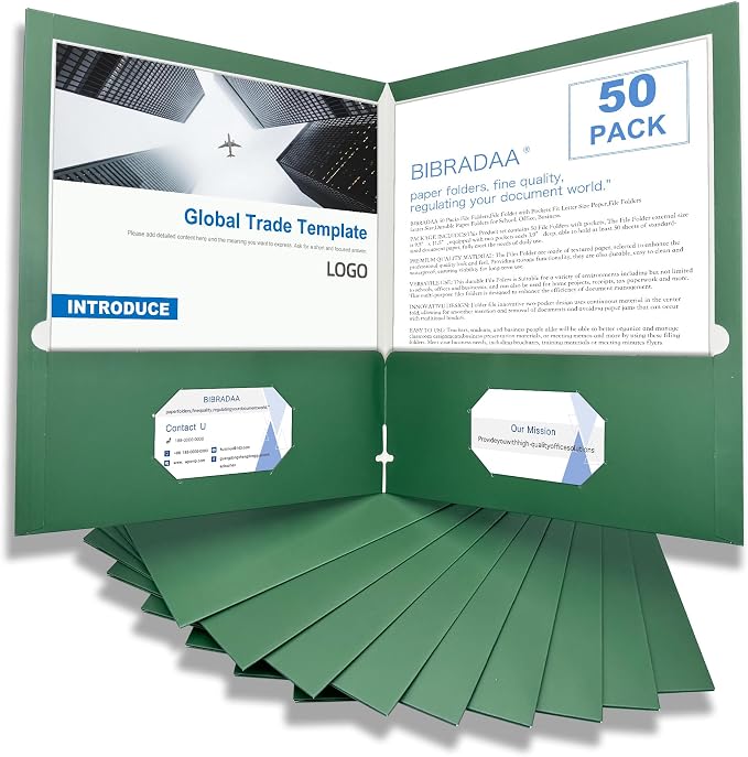BIBRADAA® 50 Packs Dark Green Pocket Folders, Paper Folder Surface by BIBRADAA
