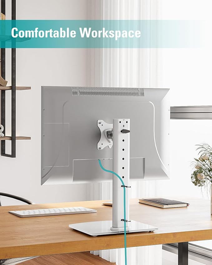 MOUNT PRO Single Monitor Stand Fits Max 32 inch Screen, Free-Standing Computer Desk Stand, Display Mount with Height Adjustable, Swivel, Tilt, Rotation, VESA Monitor Stand 100x100, White-DeskLoop Office