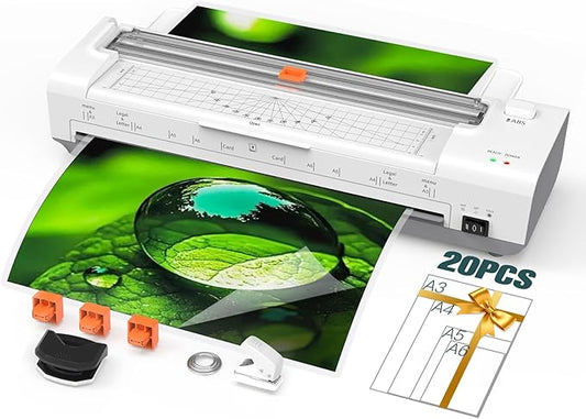 13 Inch Laminator Machine with Auto Paper Feed, Never Jam A3 Thermal & Cold Lamination, 20 Laminating Sheets, 10-in-1 Laminator with Cutter, Trimmer & Corner Rounder for Office School Home Use White-DeskLoop Office